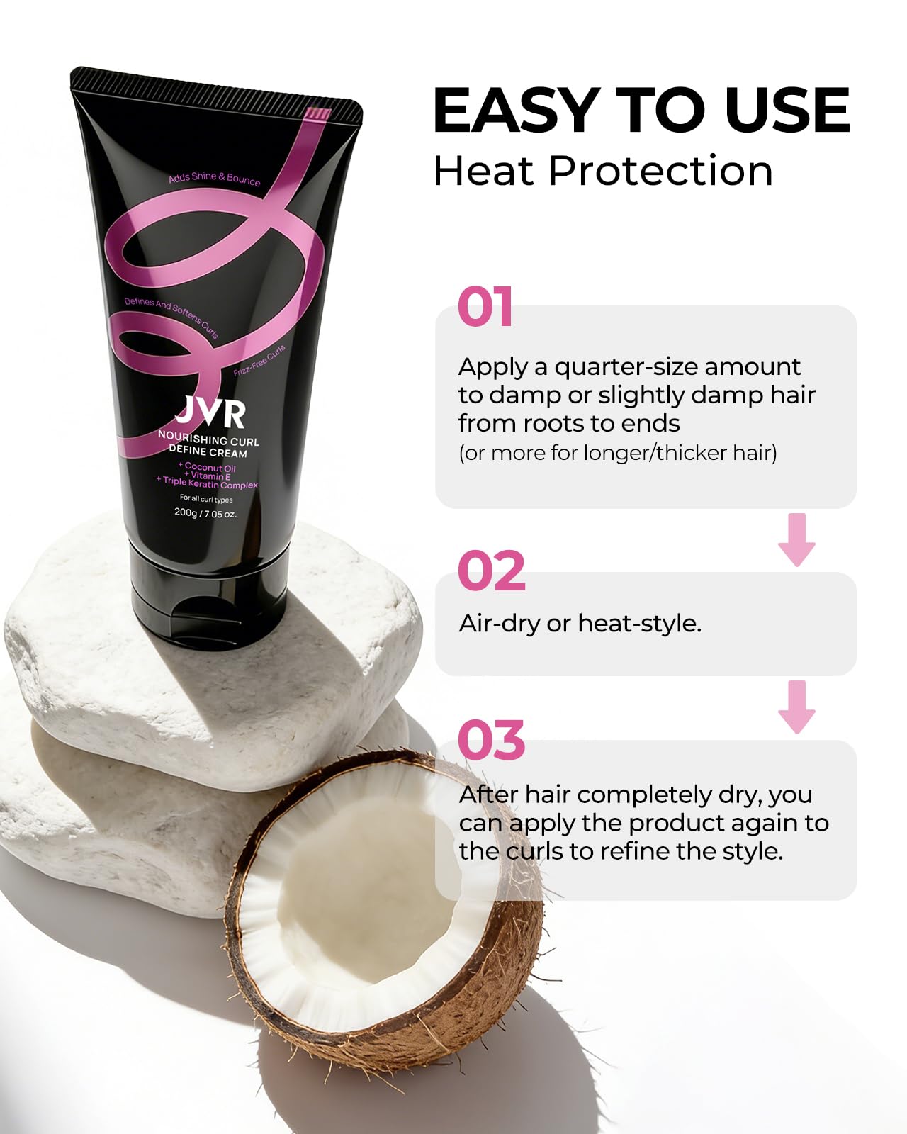 JVR Curl Cream for Curly Hair – 2-in-1 Defining, Hydrating Curl Cream with Coconut Oil & Vitamin E | Anti-Frizz & Heat Protectant (7.05oz)