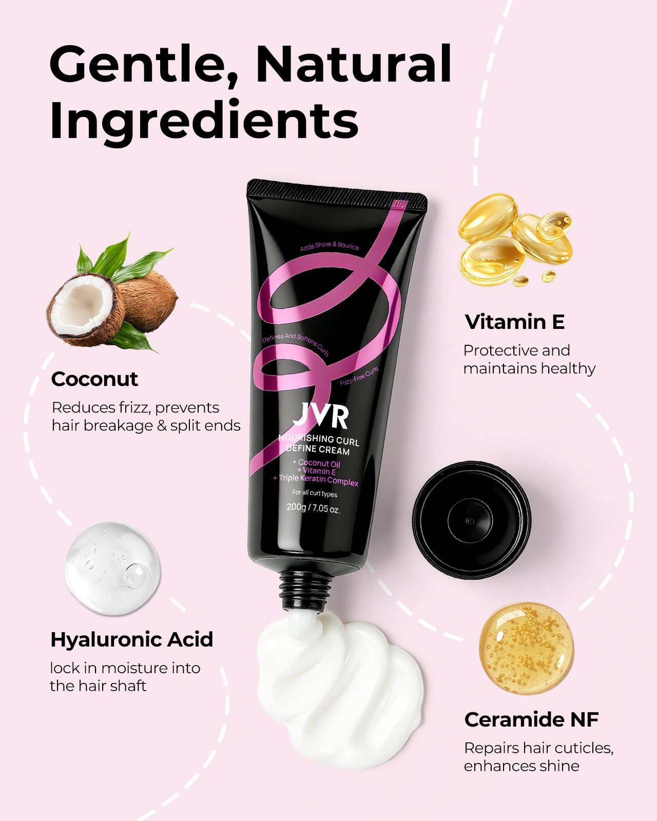 JVR Curl Cream for Curly Hair – 2-in-1 Defining, Hydrating Curl Cream with Coconut Oil & Vitamin E | Anti-Frizz & Heat Protectant (7.05oz)
