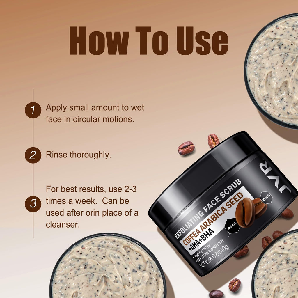 JVR Face Scrub for Men – Deep Exfoliating Cleanser with Coffee Extract, AHA & BHA, Pre-Shave Softening (8.46 oz)