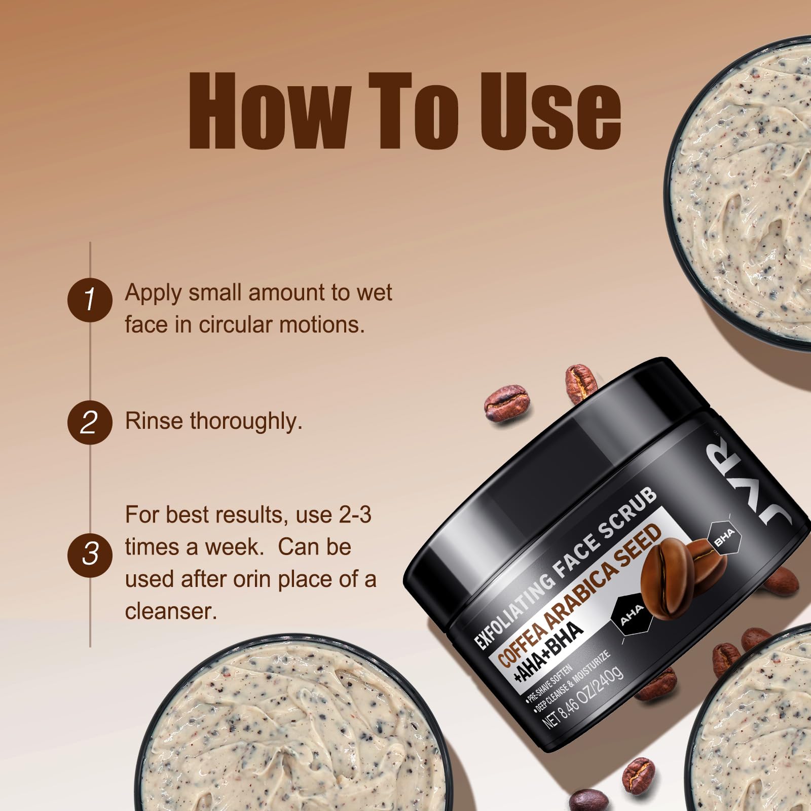 JVR Face Scrub for Men – Deep Exfoliating Cleanser with Coffee Extract, AHA & BHA, Pre-Shave Softening (8.46 oz)