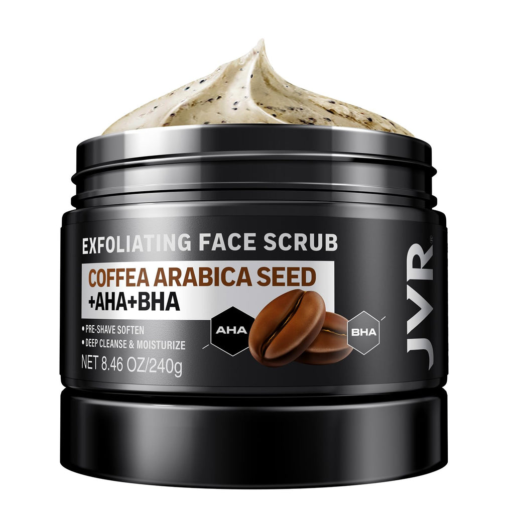 JVR Face Scrub for Men – Deep Exfoliating Cleanser with Coffee Extract, AHA & BHA, Pre-Shave Softening (8.46 oz)