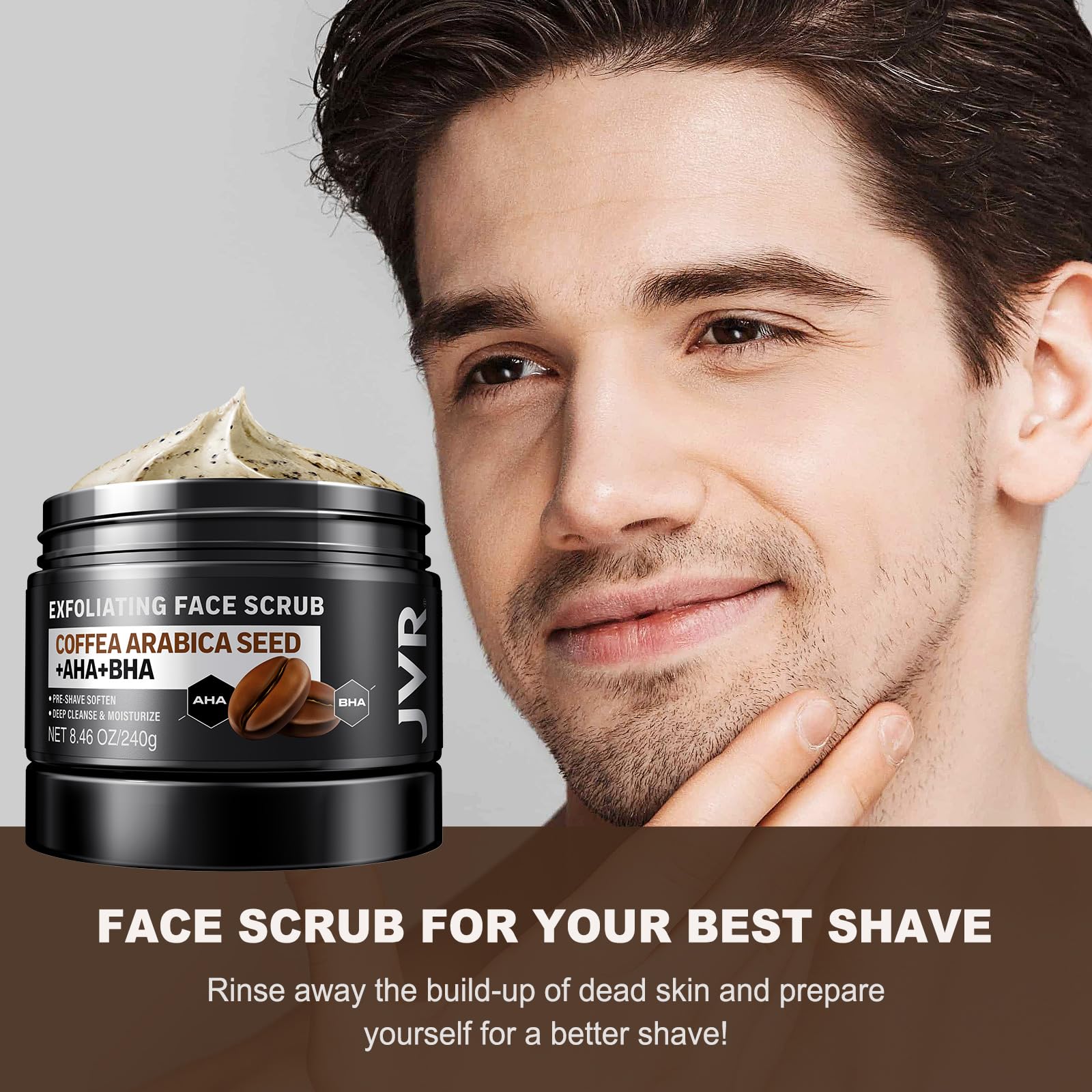 JVR Face Scrub for Men – Deep Exfoliating Cleanser with Coffee Extract, AHA & BHA, Pre-Shave Softening (8.46 oz)