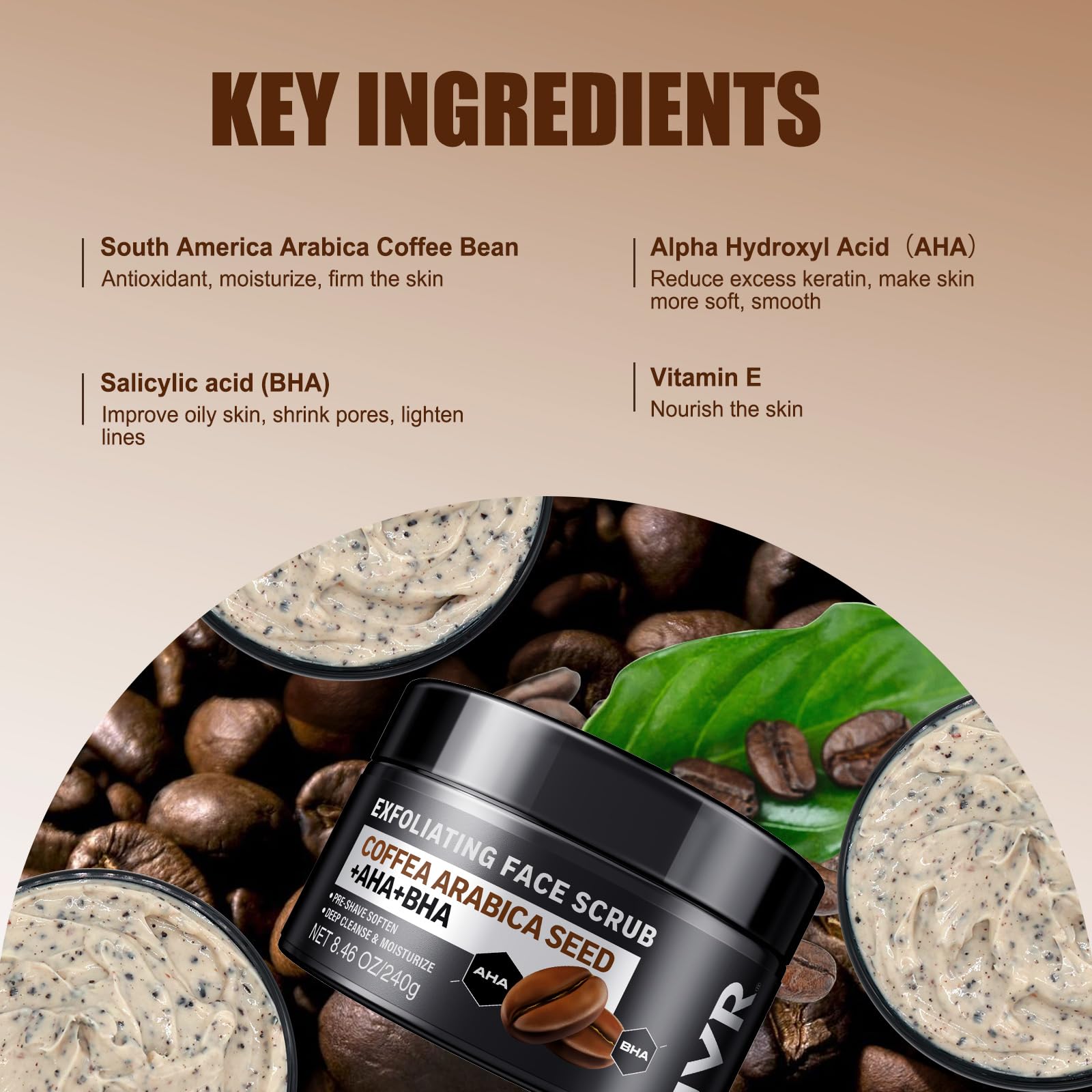 JVR Face Scrub for Men – Deep Exfoliating Cleanser with Coffee Extract, AHA & BHA, Pre-Shave Softening (8.46 oz)