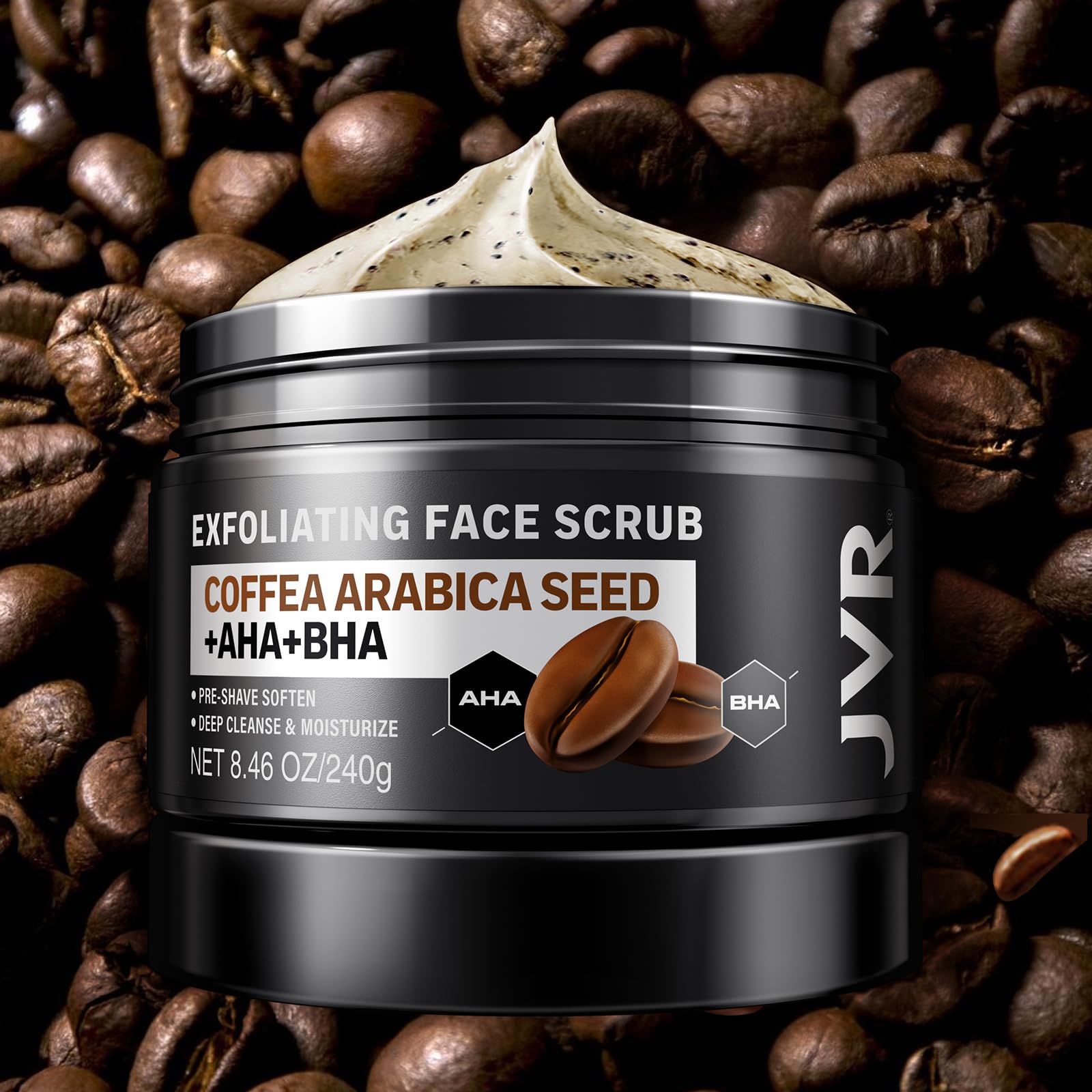 JVR Face Scrub for Men – Deep Exfoliating Cleanser with Coffee Extract, AHA & BHA, Pre-Shave Softening (8.46 oz)