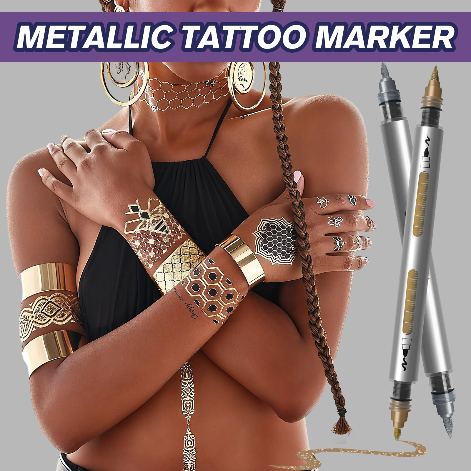 K KERNOWO Temporary Tattoo Markers – Dual-End Pens, 10 Colors + Metallics