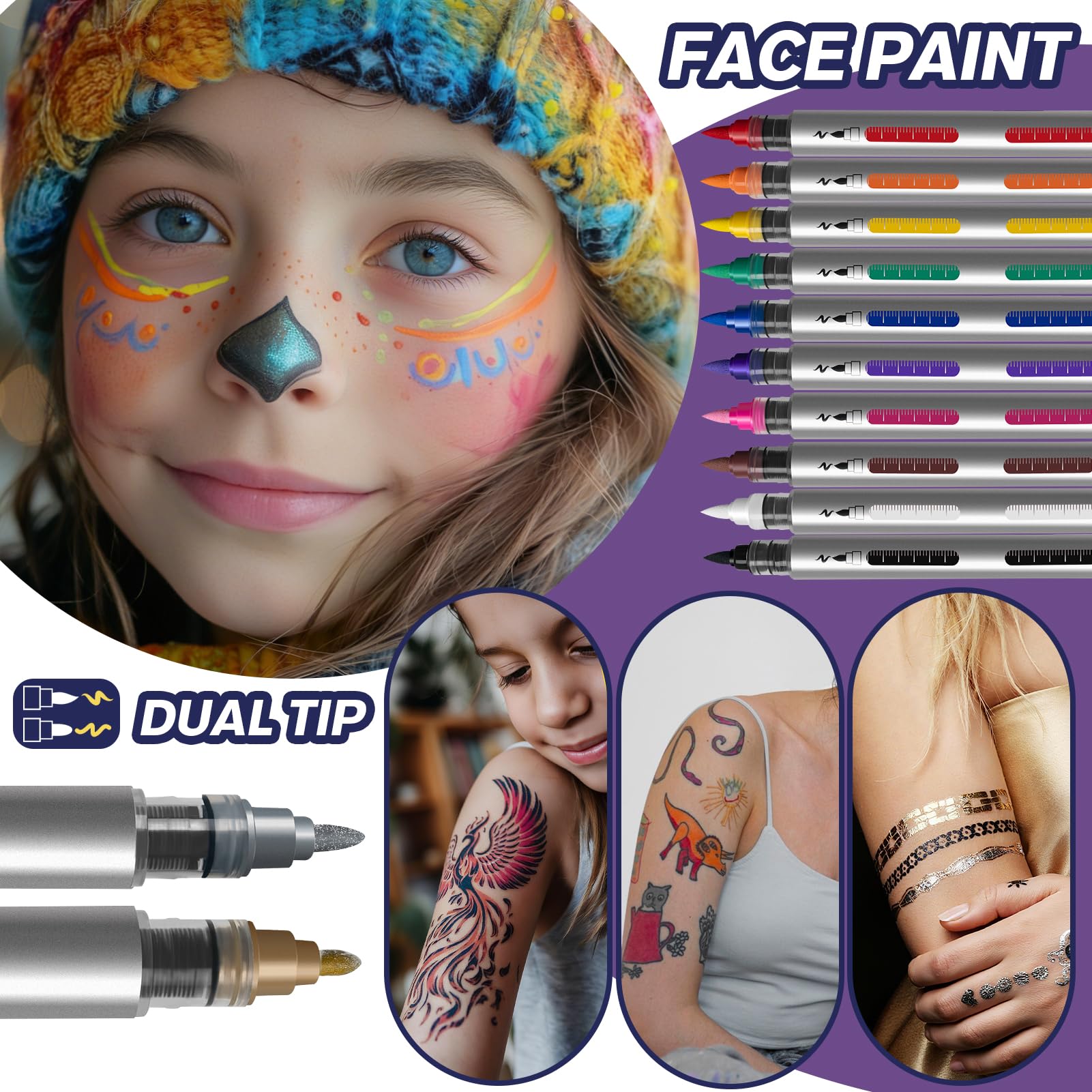K KERNOWO Temporary Tattoo Markers – Dual-End Pens, 10 Colors + Metallics