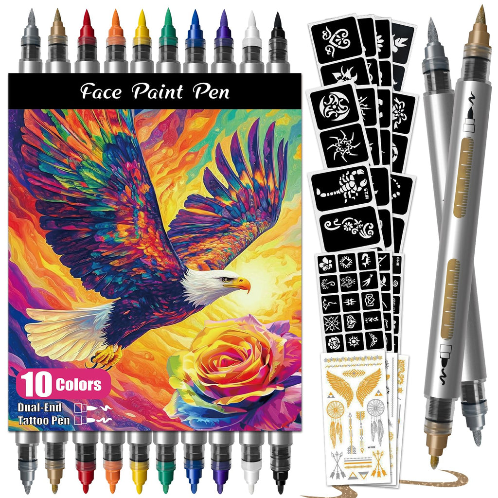 K KERNOWO Temporary Tattoo Markers – Dual-End Pens, 10 Colors + Metallics