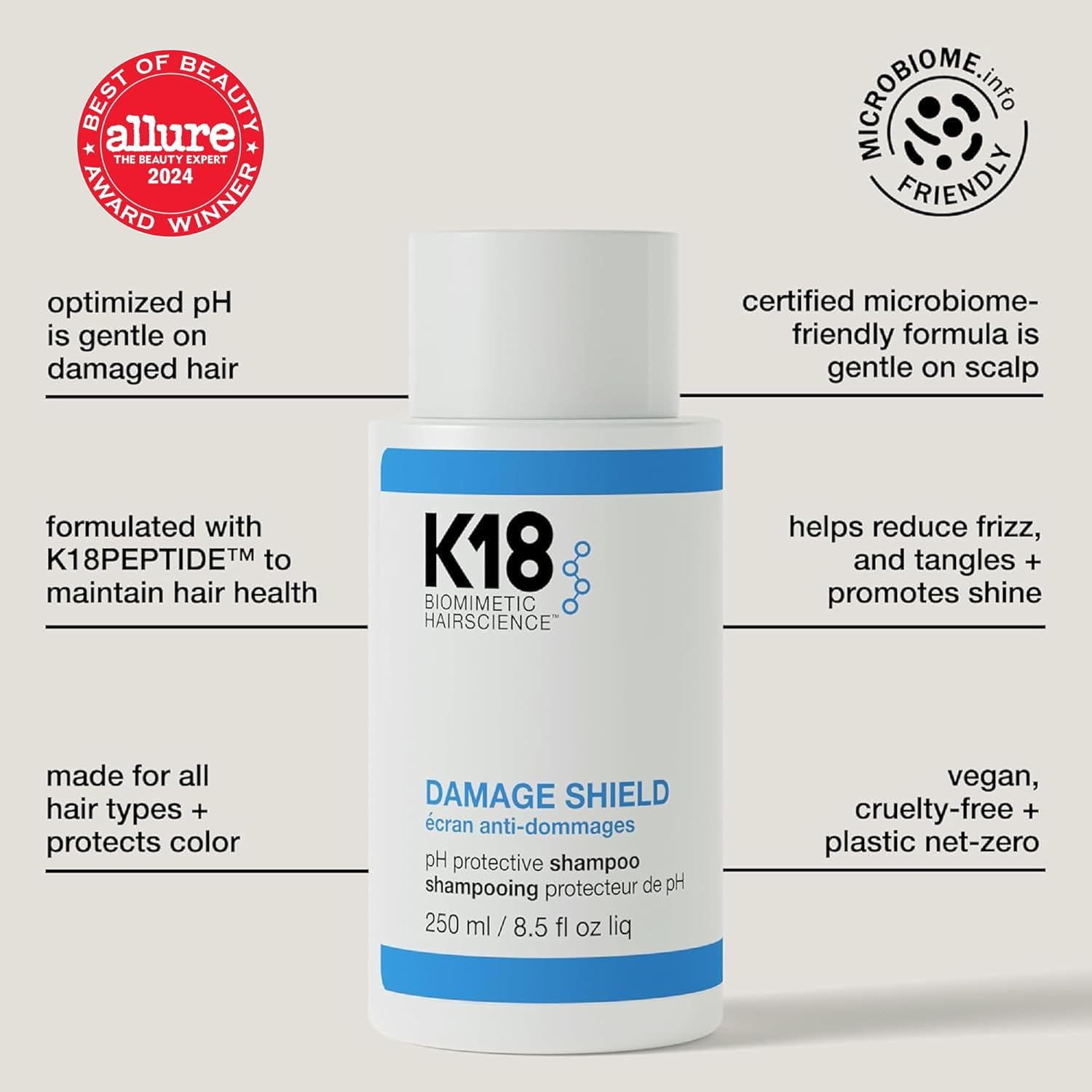 K18 Damage Shield Protective Shampoo – Reduces Frizz & Tangles, Maintains Hair Health, 16 oz