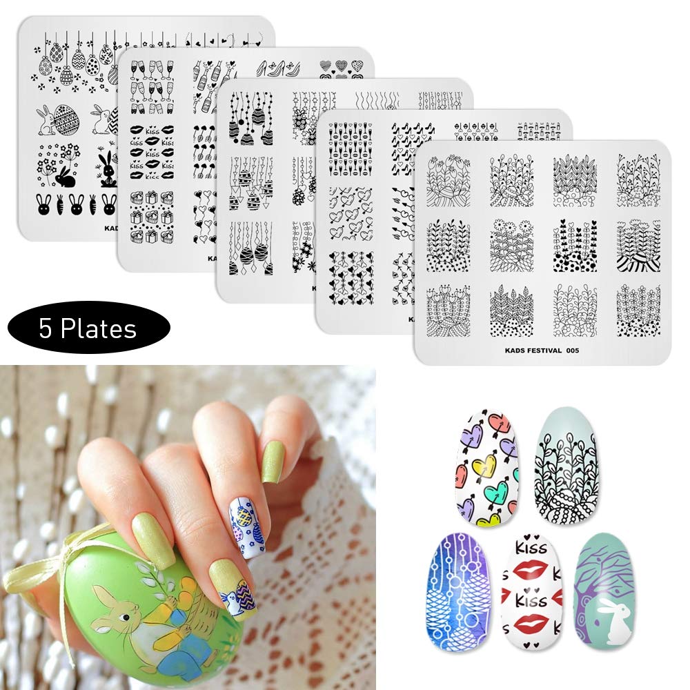 KADS 5Pcs Nail Art Stamping Plates Set – Flower Rabbit Kiss Heart Image Plate