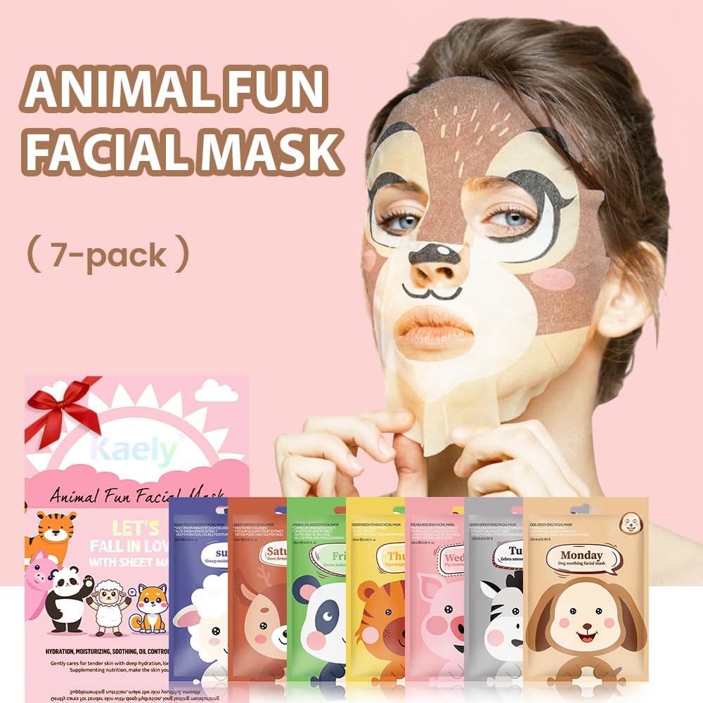 Kaely 7-Pack Kids Face Masks – Animal Character Spa Set (01A)