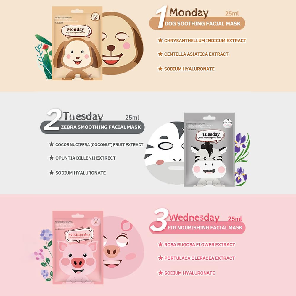 Kaely 7-Pack Kids Face Masks – Animal Character Spa Set (01A)