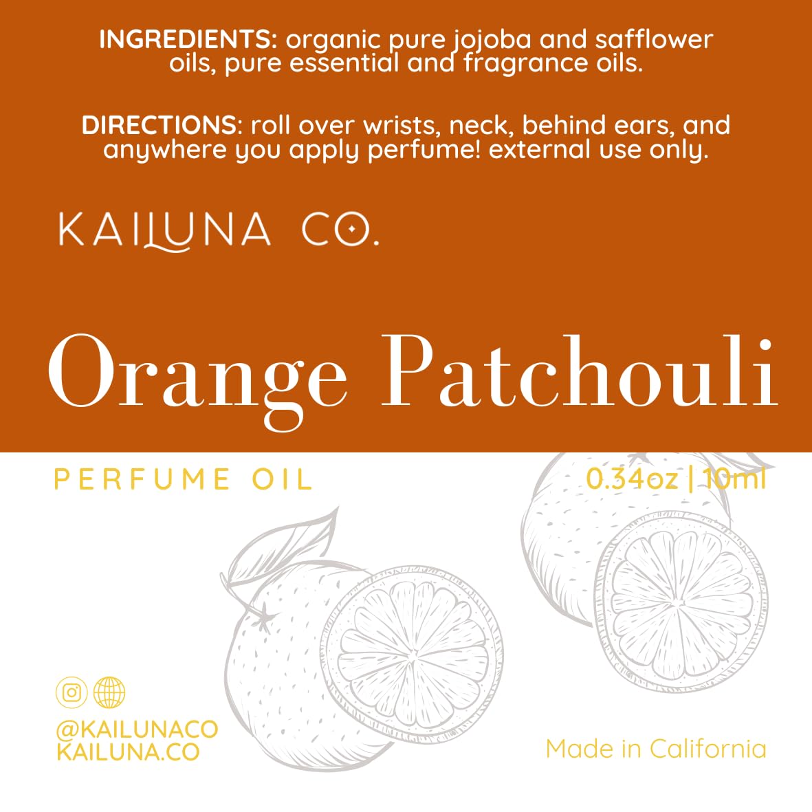 Kailuna Co. Orange Patchouli Roll-On — Natural, Alcohol-Free Fragrance with Jojoba Oil, Made in California