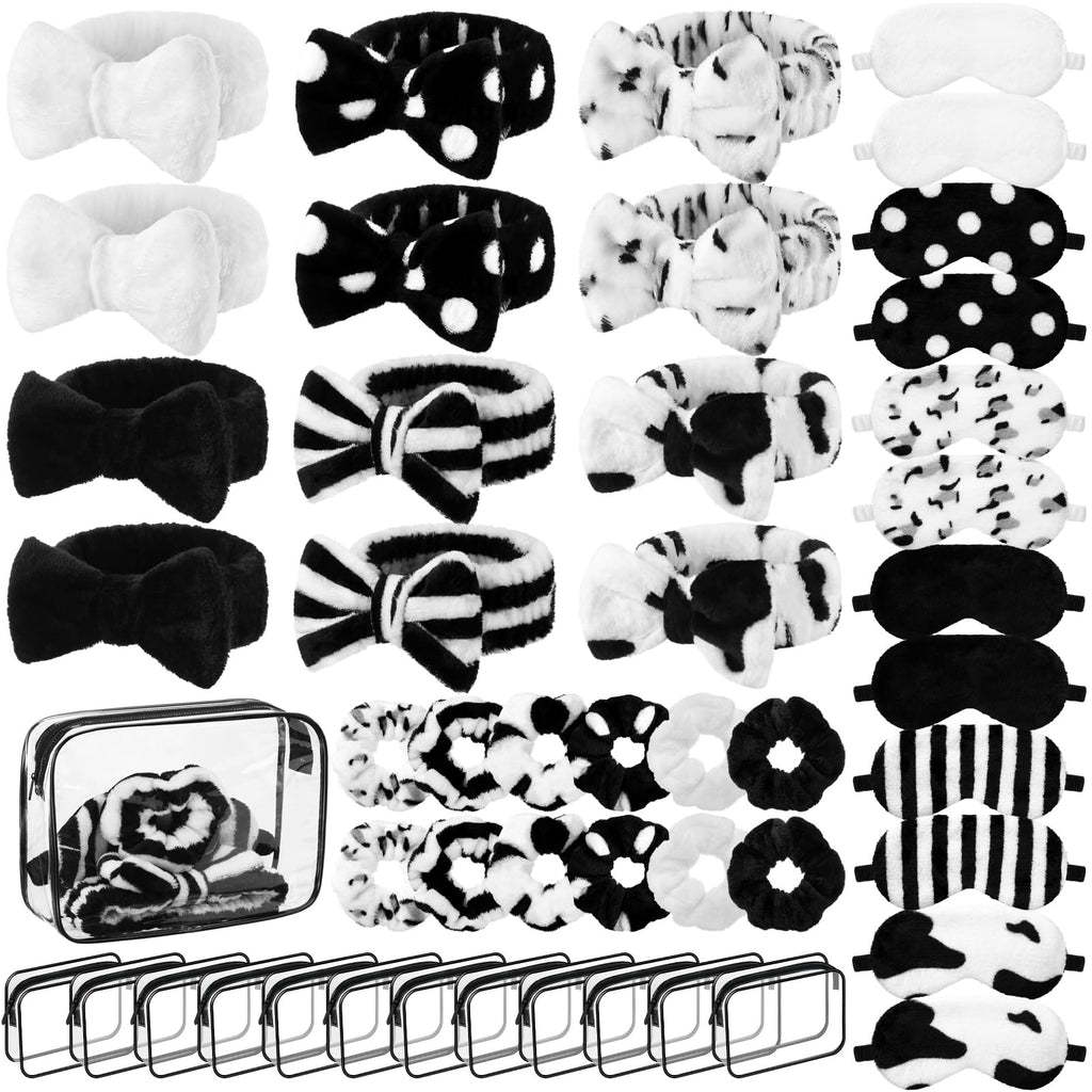Kajaia 48-Pcs Sleepover Spa Party Supplies – Headbands, Eye Masks, Scrunchies & Toiletry Bags (Black Laser)