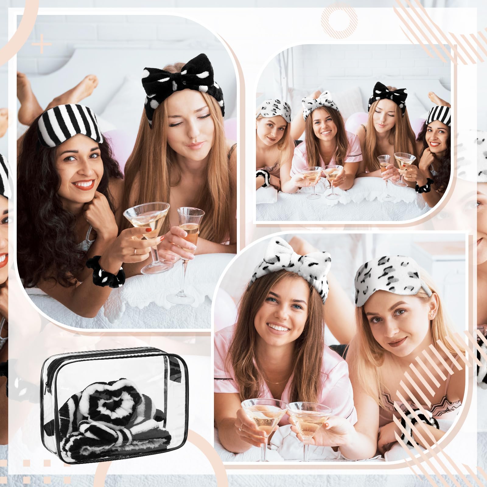Kajaia 48-Pcs Sleepover Spa Party Supplies – Headbands, Eye Masks, Scrunchies & Toiletry Bags (Black Laser)