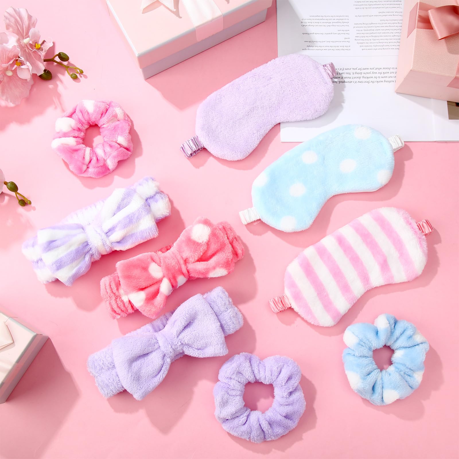 Kajaia 48 Pcs Sleepover Party Supplies – Spa Headbands, Eye Masks, Scrunchies & Bags (Macaron, Sweet)