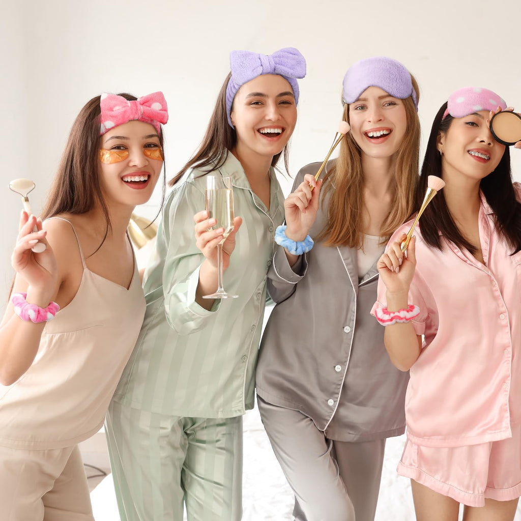 Kajaia 48 Pcs Sleepover Party Supplies – Spa Headbands, Eye Masks, Scrunchies & Bags (Macaron, Sweet)