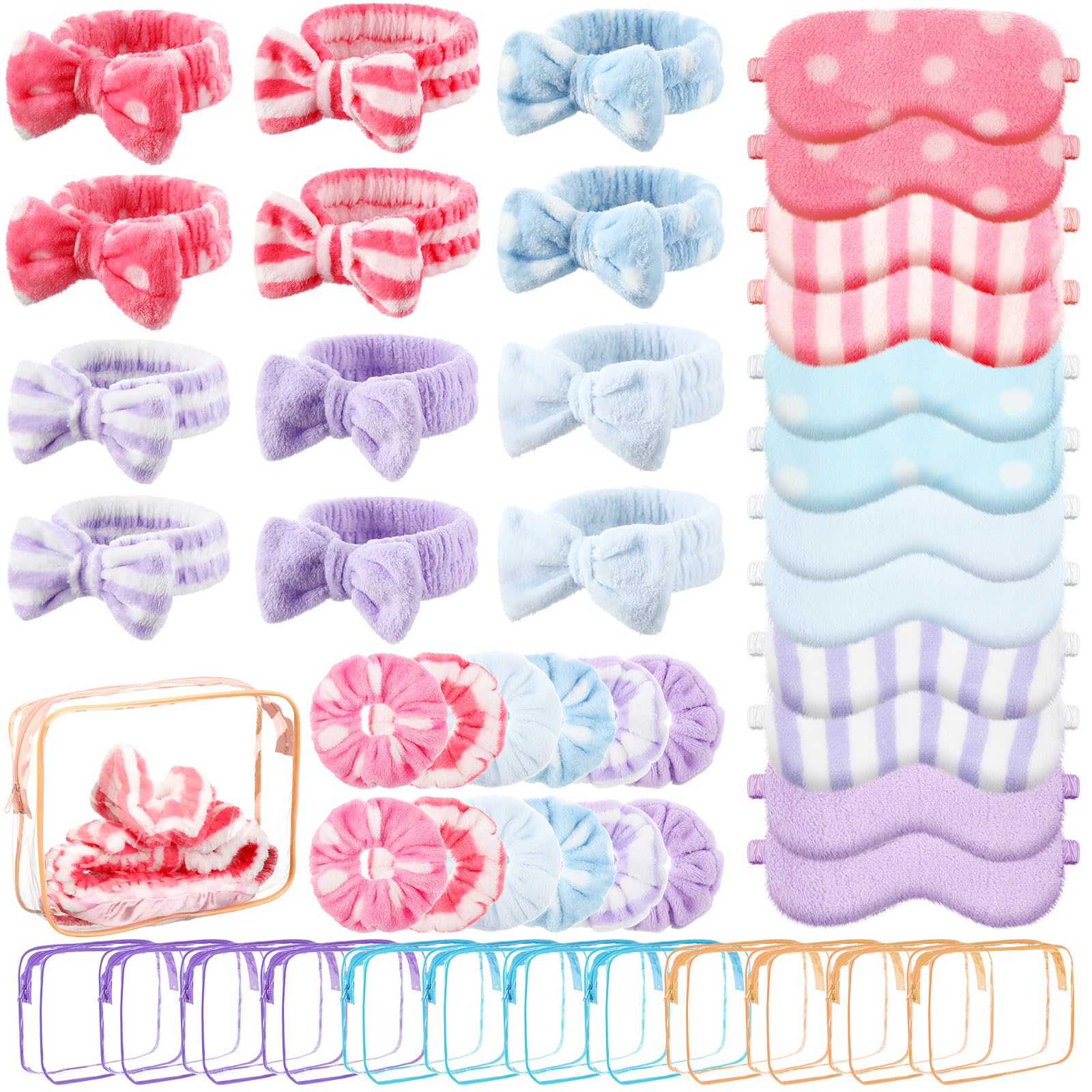 Kajaia 48 Pcs Sleepover Party Supplies – Spa Headbands, Eye Masks, Scrunchies & Bags (Macaron, Sweet)
