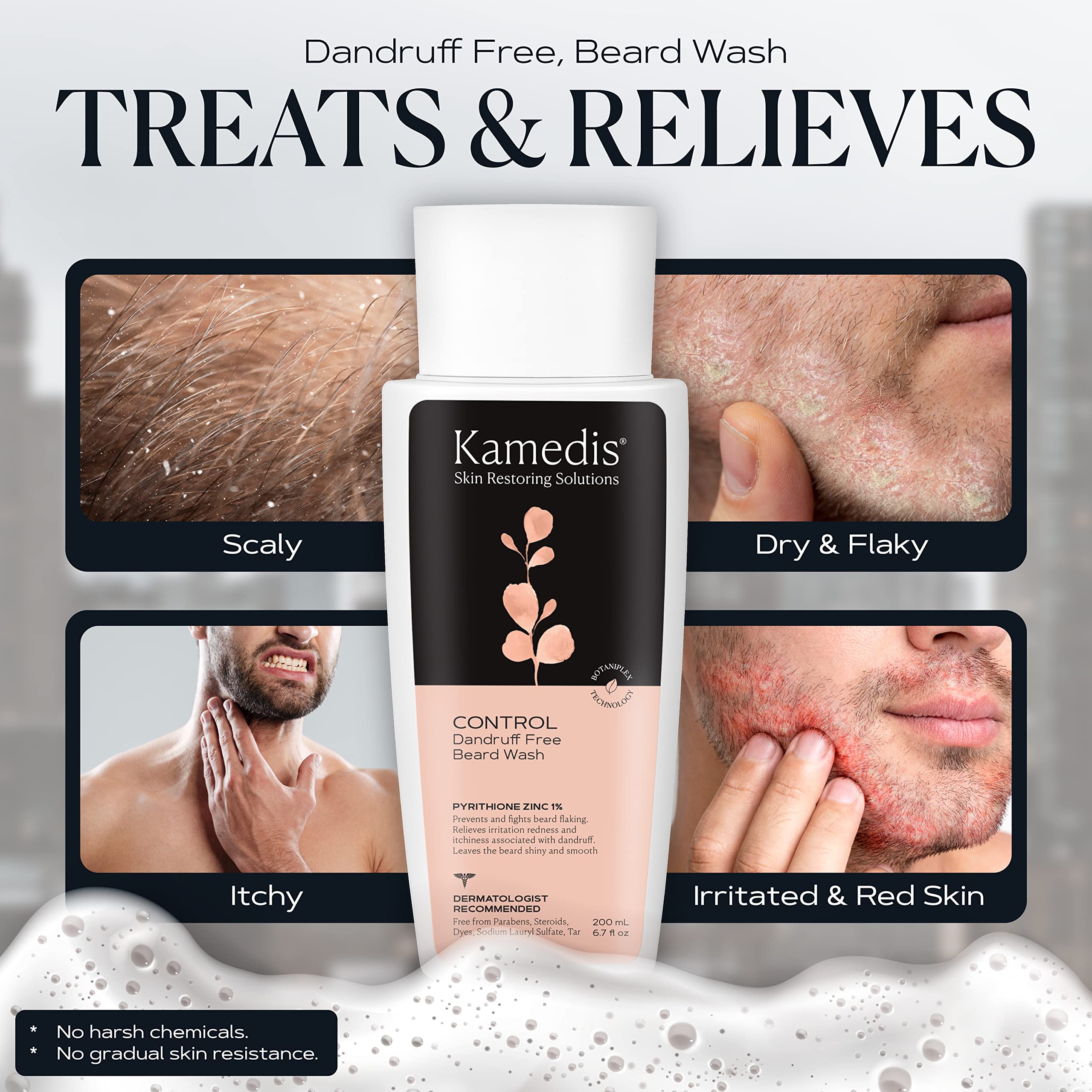 KAMEDIS Beard Wash – Dandruff Control Shampoo for Men with Pyrithione Zinc and Salicylic Acid, 6.7 oz
