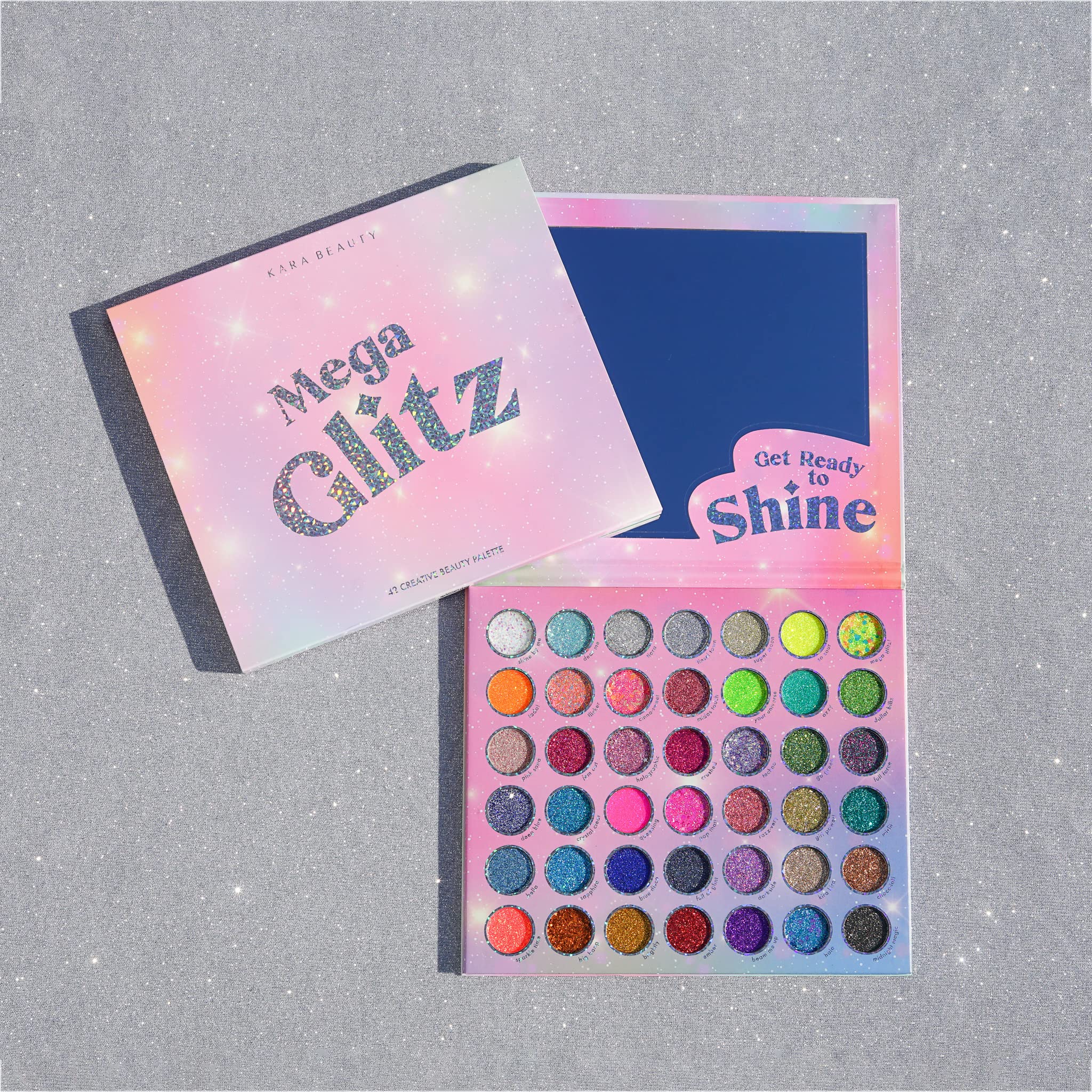 Kara Beauty Mega Glitz Palette – 42 Glitter Shades for Eyes, Face & Body | No Glue Needed