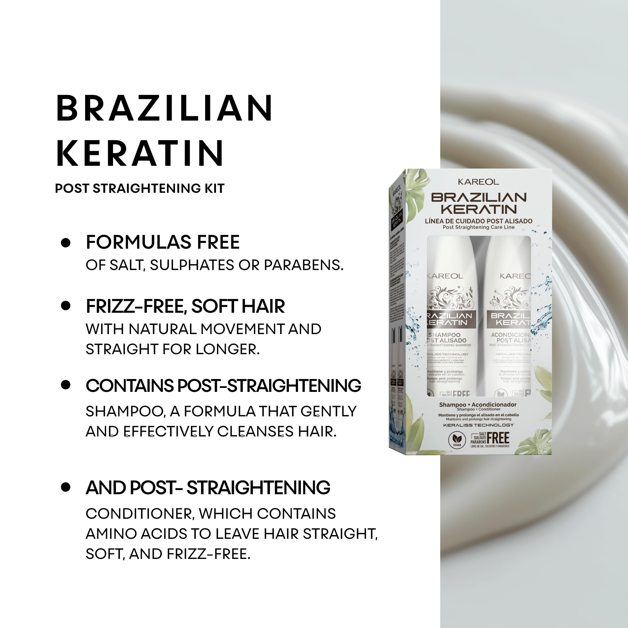Kareol Brazilian Keratin Post Straightening Kit – Sulfate-Free Shampoo & Conditioner | Frizz Control | Vegan