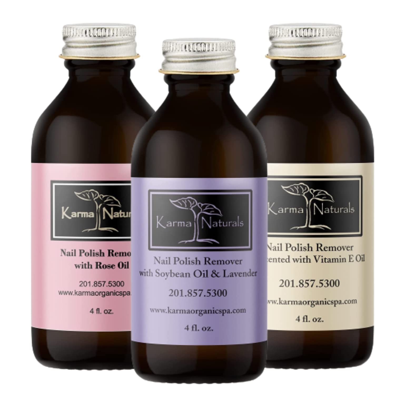 Karma Organic Nail Polish Remover Bundle – Lavender, Rose Oil & Unscented (4 oz each) – Acetone-Free