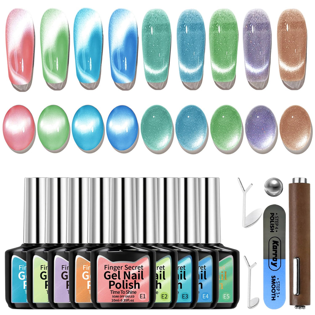 Karroy Cat Eye Gel Nail Polish Kit - 9-Color Magnetic Shimmer, UV/LED Cured