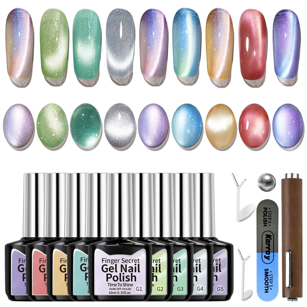 Karroy Cat Eye Gel Nail Polish Set – Magnetic Shimmer Kit (9 Colors) | Soak Off, UV/LED Cured