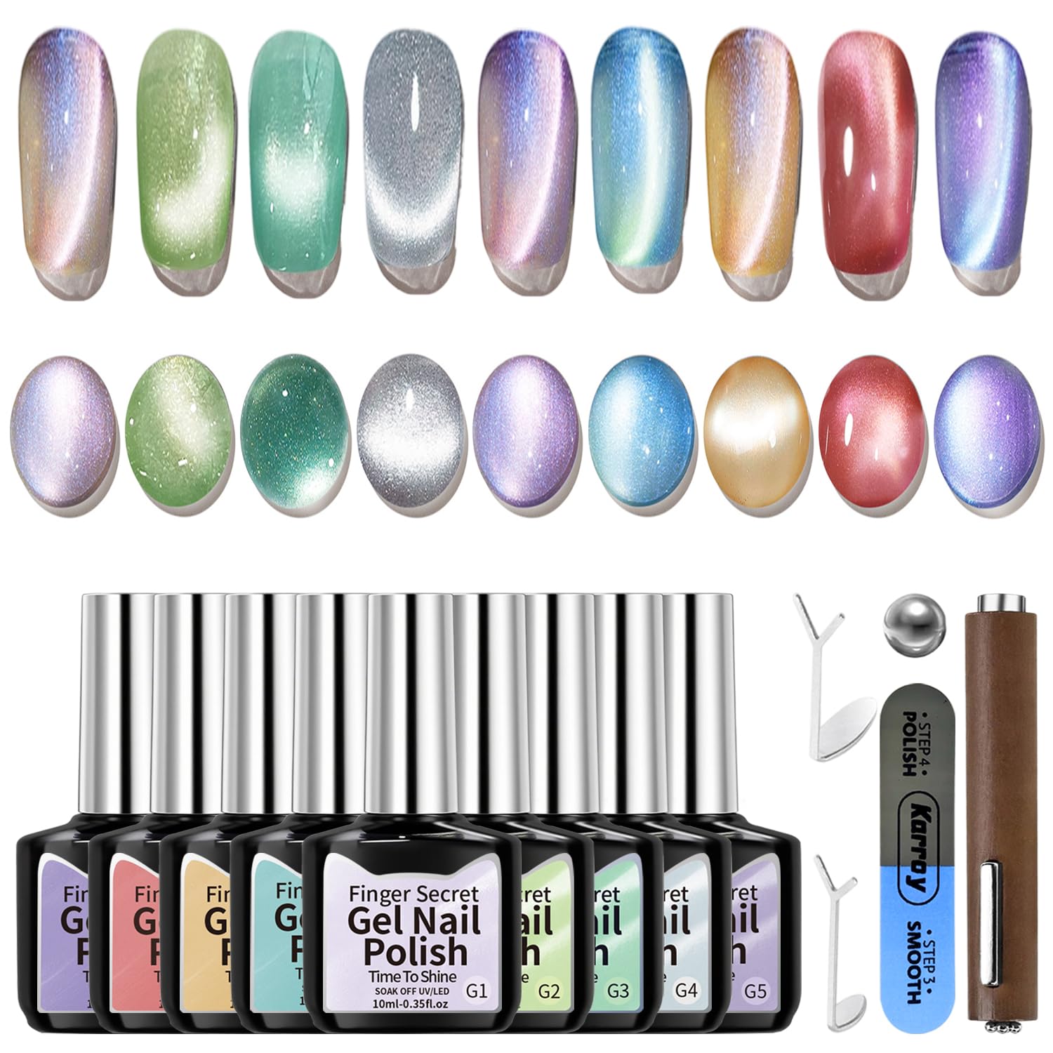 Karroy Cat Eye Gel Nail Polish Set – Magnetic Shimmer Kit (9 Colors) | Soak Off, UV/LED Cured