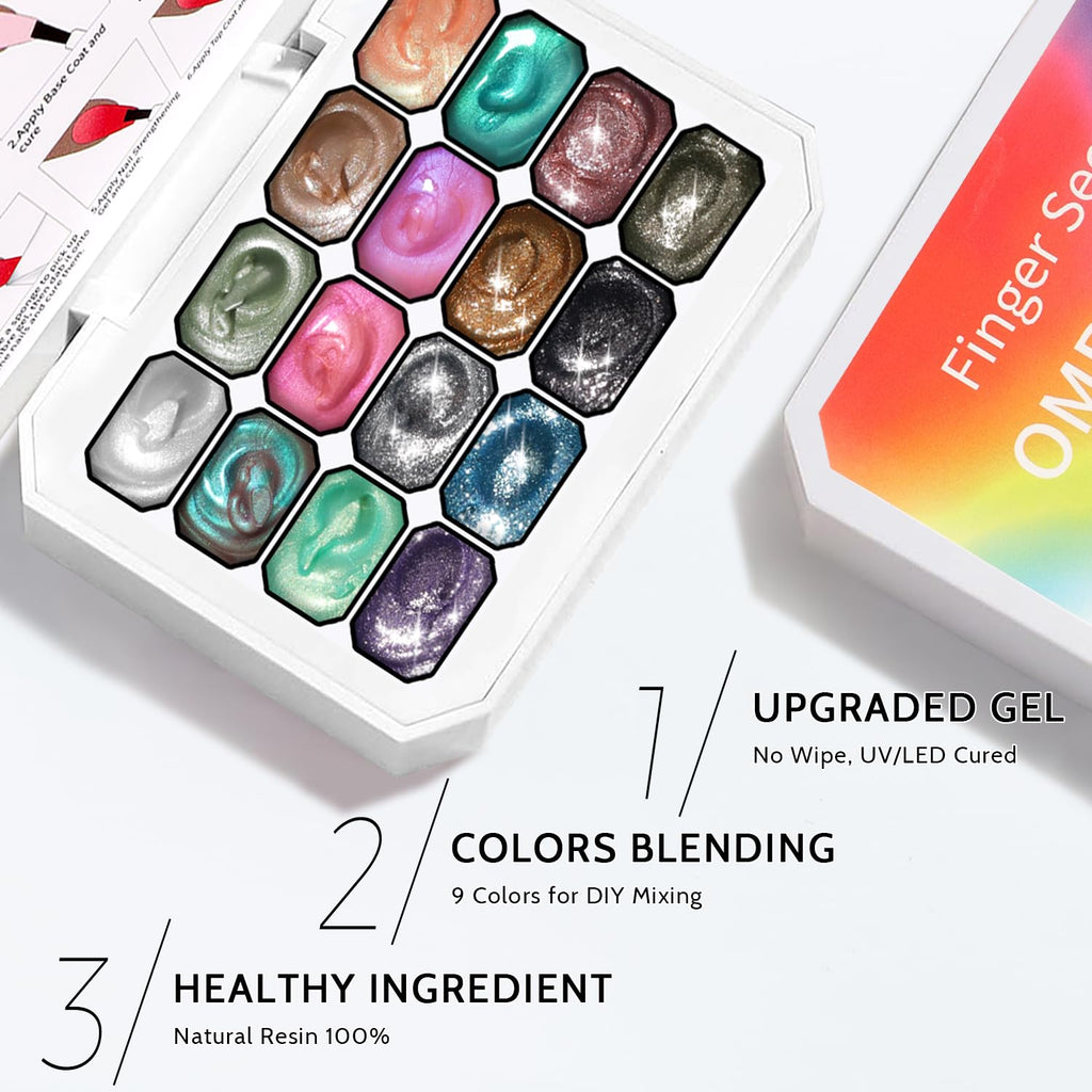 Karroy Glitter Pat Gel Nail Polish Palette – 16 Colors E, Ombre Gradient, No Wipe, UV/LED Cured