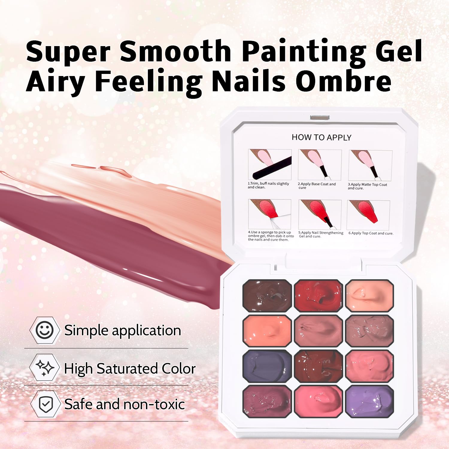 Karroy Sponge Pat Gel Nail Polish Palette — 12-Color Ombre Gel Color Set | UV/LED, No Wipe