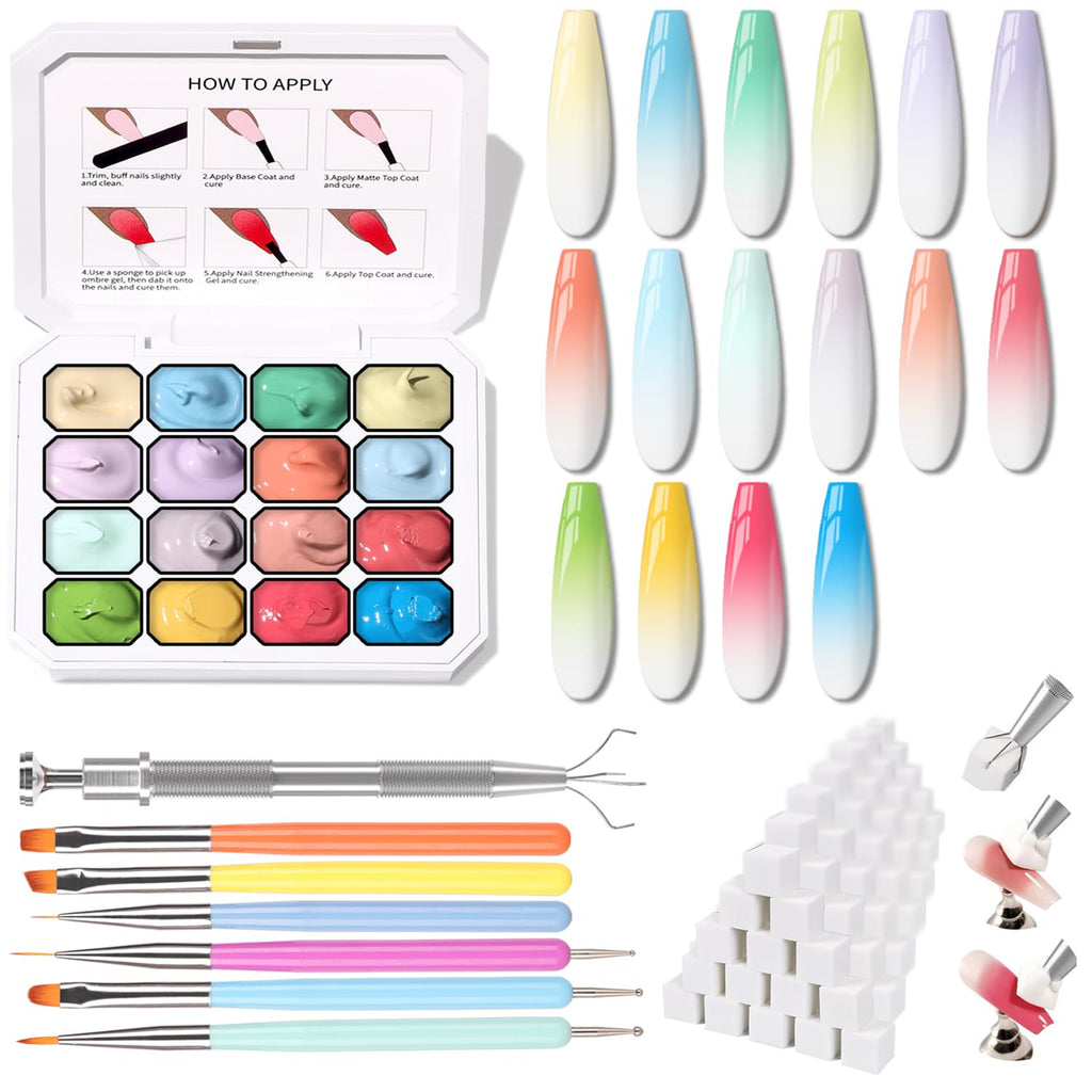 Karroy Sponges Pat Gel Nail Polish Palette – 16-Color Ombre Gel Set (No-Wipe) UV/LED, 100 Sponges, 6 Brushes