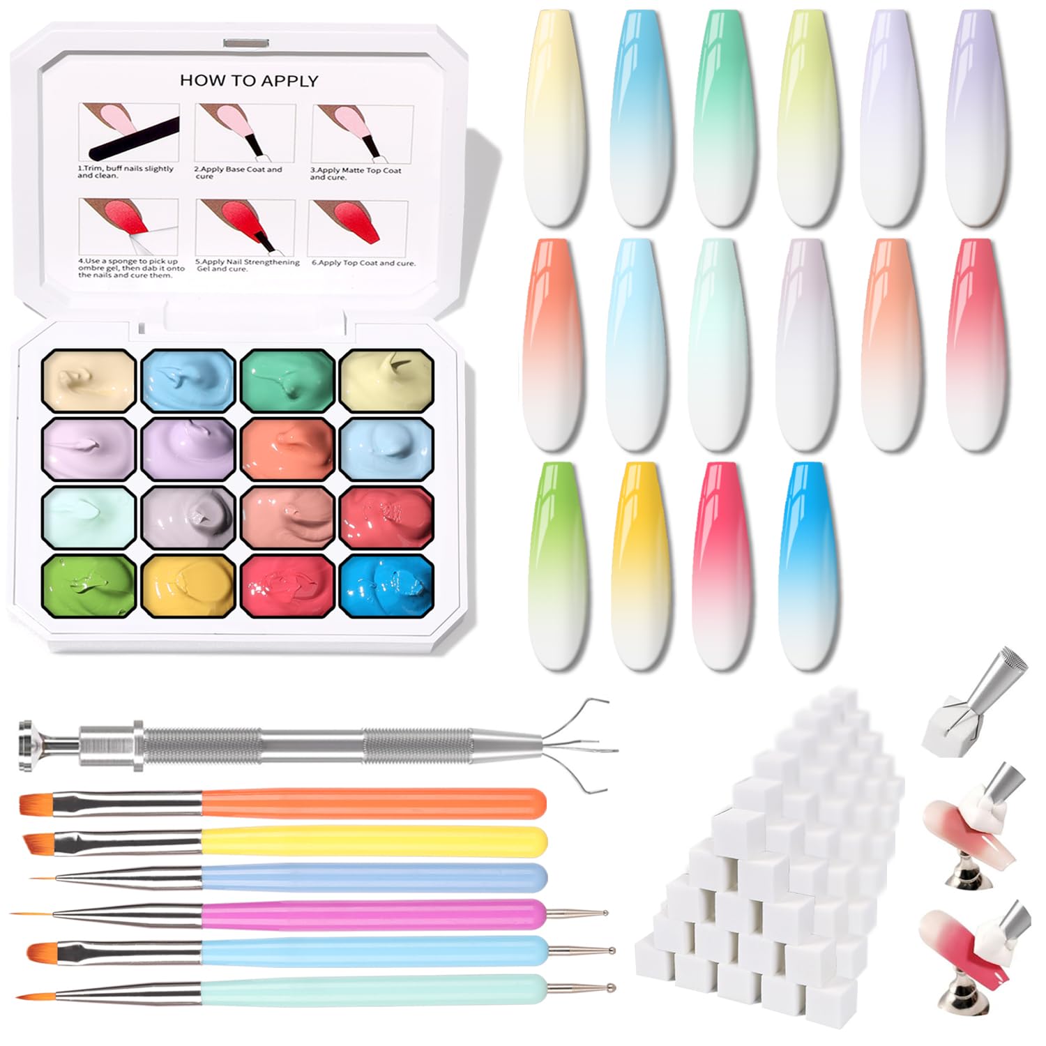 Karroy Sponges Pat Gel Nail Polish Palette – 16-Color Ombre Gel Set (No-Wipe) UV/LED, 100 Sponges, 6 Brushes