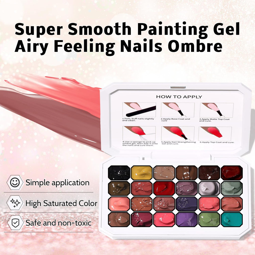 Karroy 24 Colors Sponge Pat Paint Nail Gel – Ombre Nail Art, UV/LED Cure, No Wipe