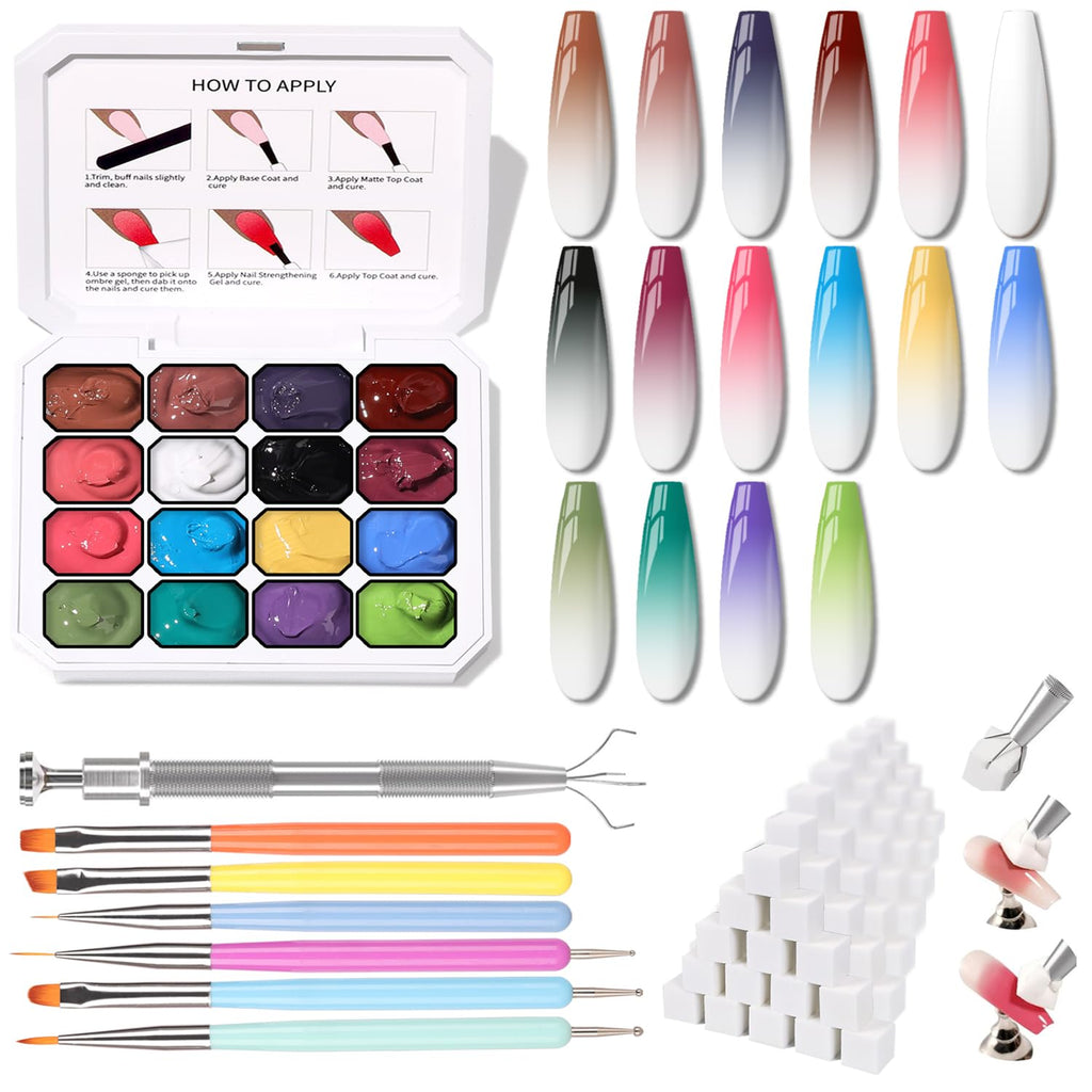 Karroy Sponges Pat Gel Nail Polish Palette – 16-Color Ombre Gel Set with Sponges & Brushes (Set 02)