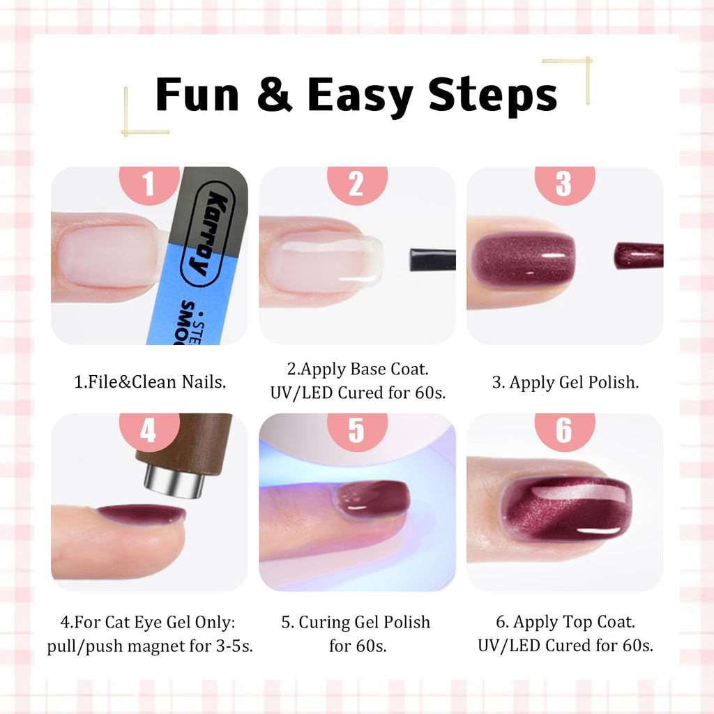 Karroy Cat Eye Gel Nail Polish Set – Magnetic Holographic Kit (9 Colors) | Soak Off UV/LED