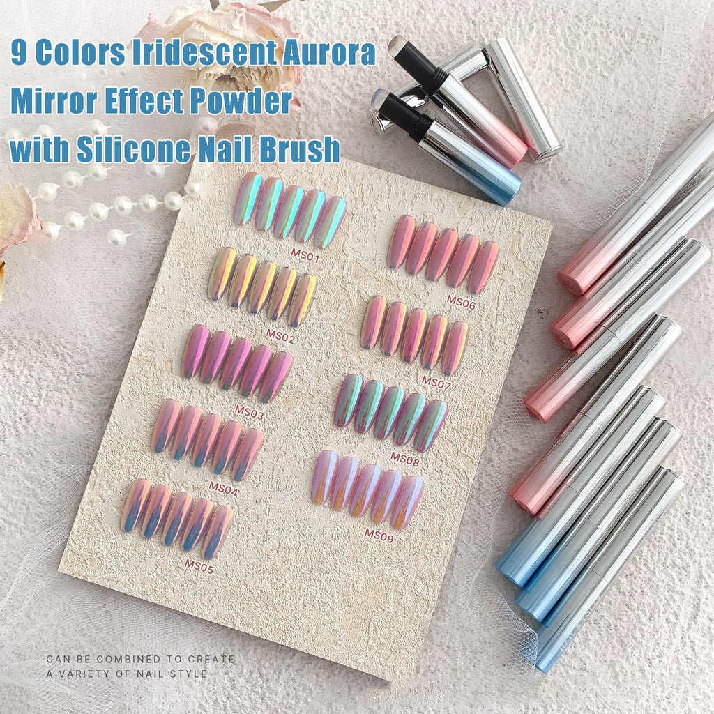 Katfan Holographic Chrome Nail Powder Set — 9 Colors, Aurora & Chameleon Effects, Silicone Brush Included