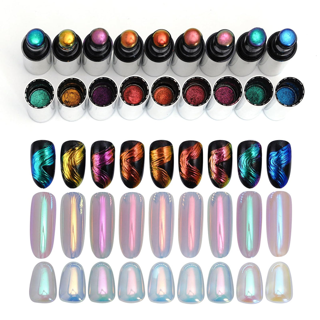 Katfan Holographic Chrome Nail Powder Set — 9 Colors, Aurora & Chameleon Effects, Silicone Brush Included