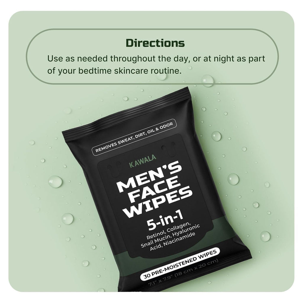 Kawala Men’s Face Wipes 5‑in‑1: Retinol, Collagen, Snail Mucin & Hyaluronic Acid – Alcohol‑Free