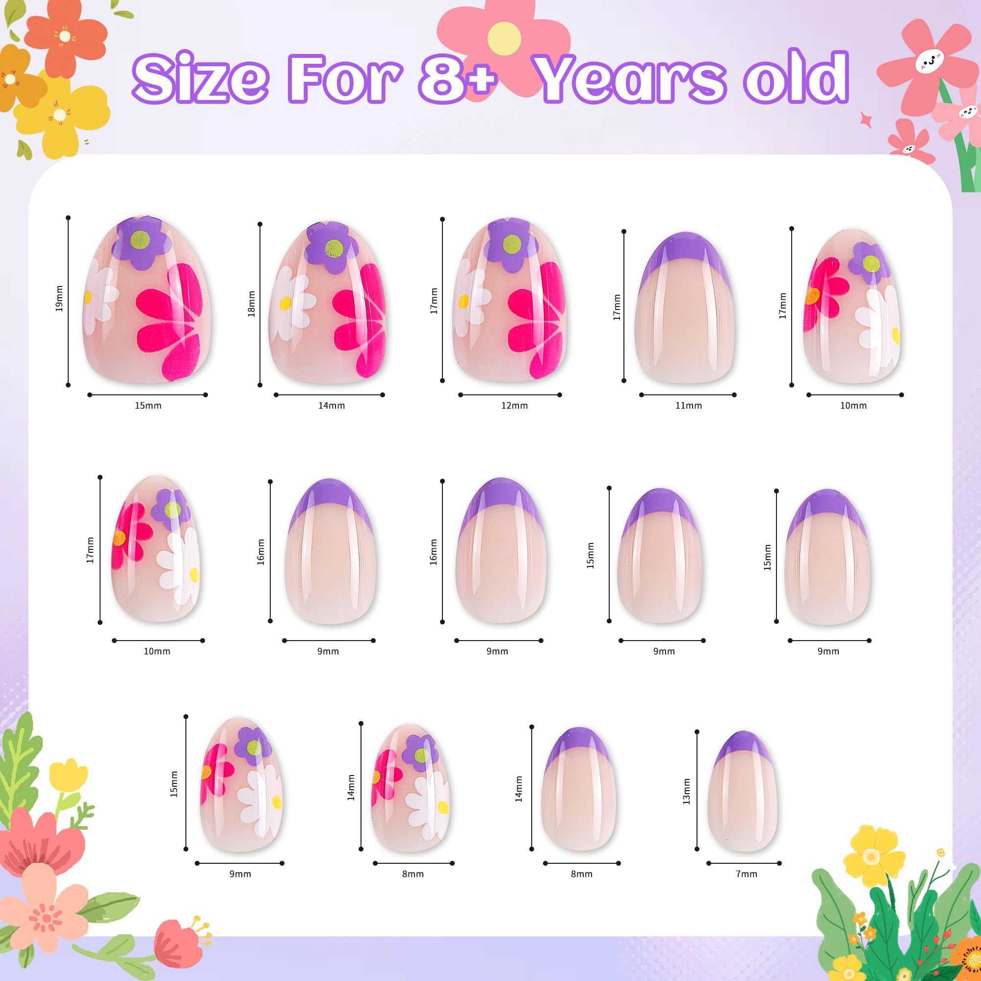 Kawyehu 90-Piece Kids Press-On Nails | 3-Style Almond Nail Kit for Girls 8-12 with Glue - Strawberry