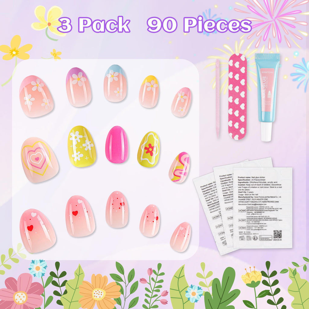 Kawyehu 90-Pieces Kids Press-On Nails | 3-Pack Colorful Almond Nails for Girls 8–12 + Glue