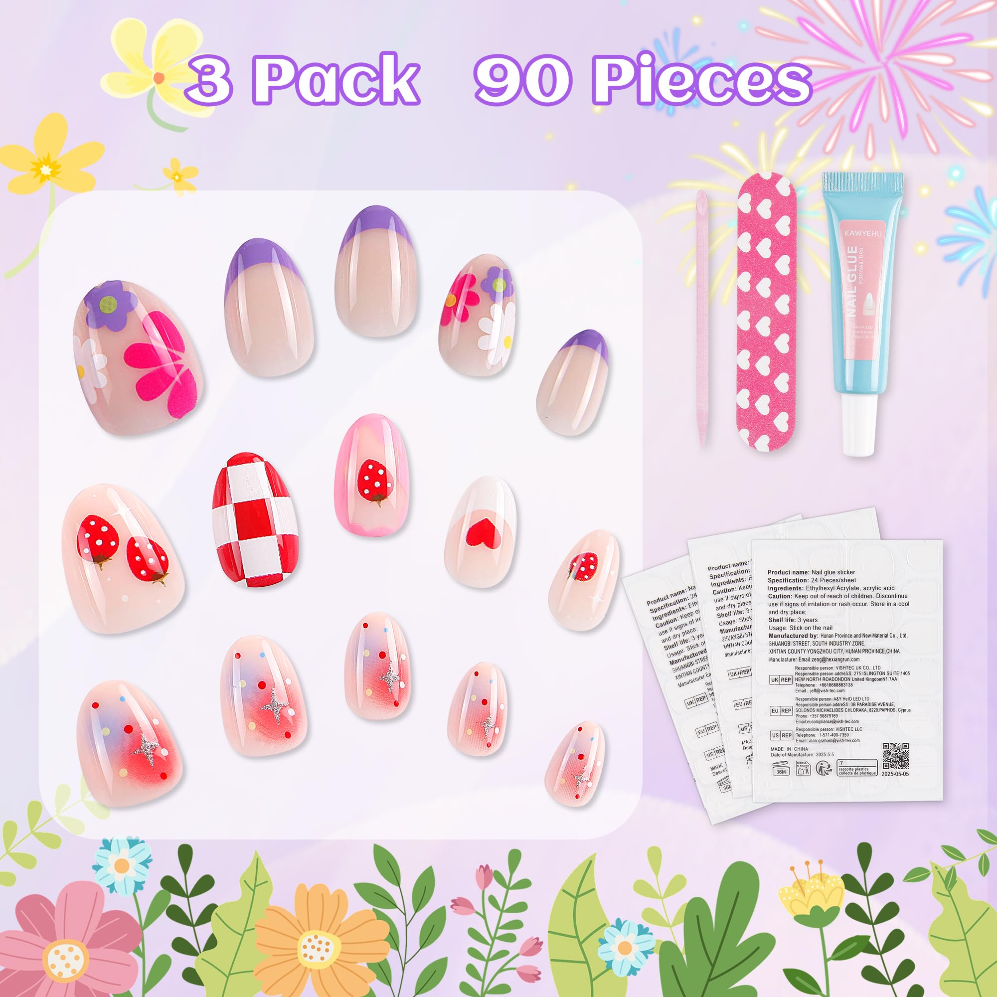 Kawyehu 90-Piece Kids Press-On Nails | 3-Style Almond Nail Kit for Girls 8-12 with Glue - Strawberry