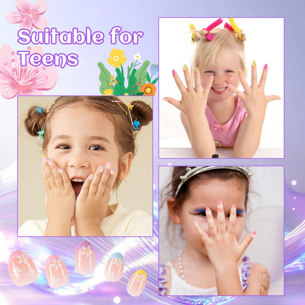 Kawyehu 90-Pieces Kids Press-On Nails | 3-Pack Colorful Almond Nails for Girls 8–12 + Glue
