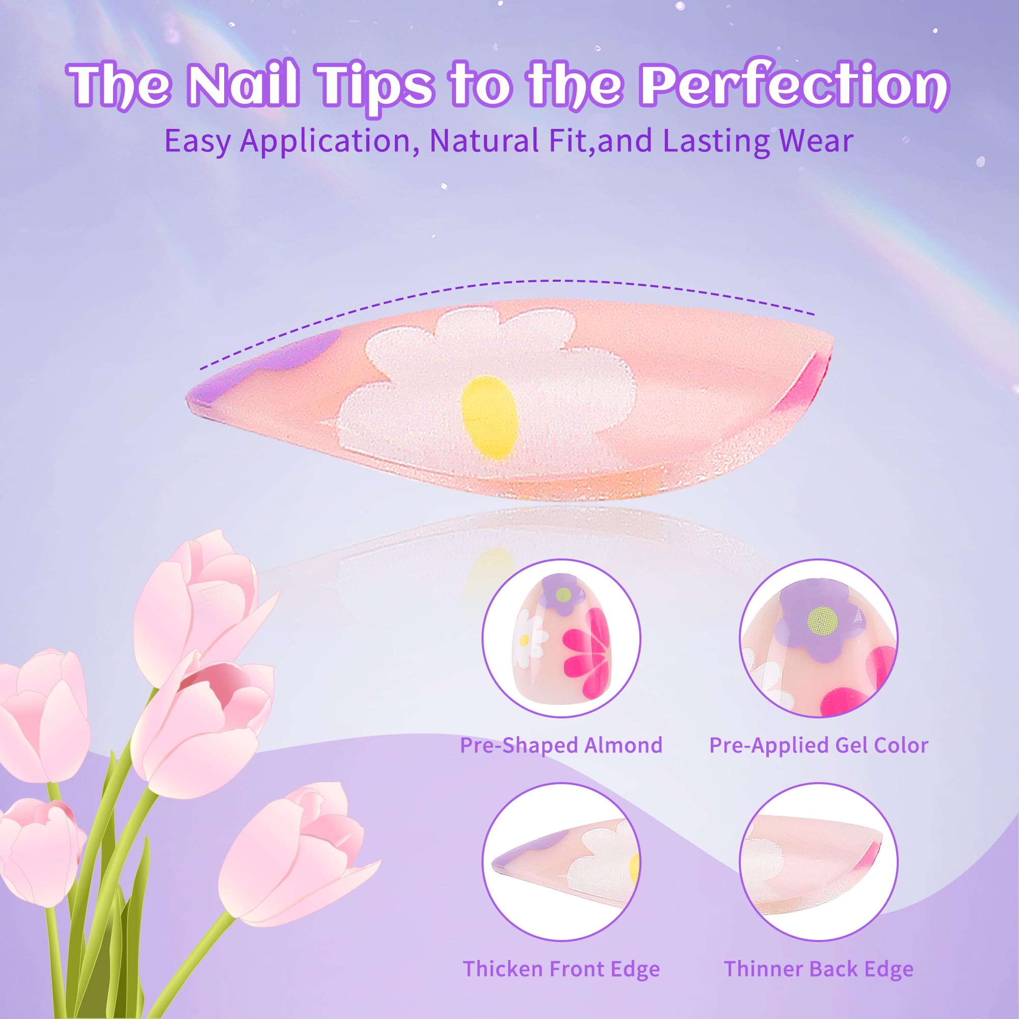 Kawyehu 90-Piece Kids Press-On Nails | 3-Style Almond Nail Kit for Girls 8-12 with Glue - Strawberry