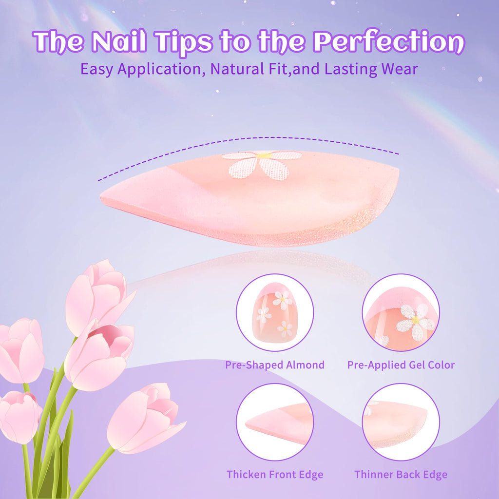 Kawyehu 90-Pieces Kids Press-On Nails | 3-Pack Colorful Almond Nails for Girls 8–12 + Glue