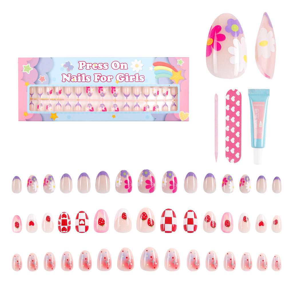 Kawyehu 90-Piece Kids Press-On Nails | 3-Style Almond Nail Kit for Girls 8-12 with Glue - Strawberry