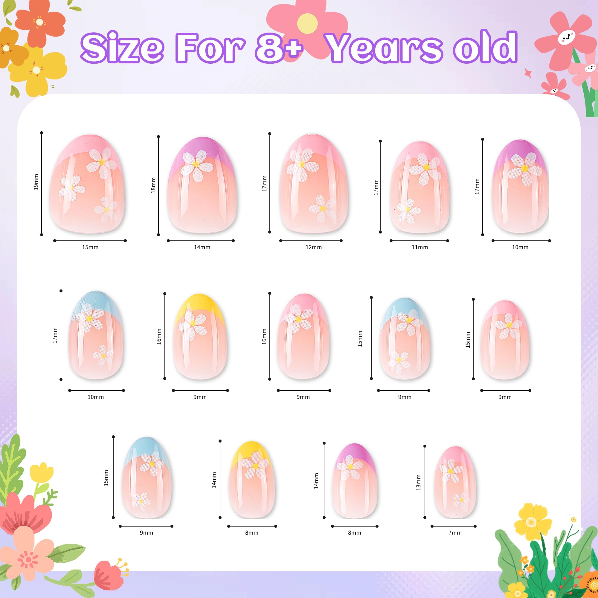 Kawyehu 90-Pieces Kids Press-On Nails | 3-Pack Colorful Almond Nails for Girls 8–12 + Glue
