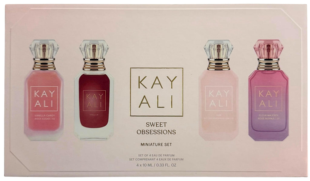 KAYALI Sweet Obsessions Mini Gift Set – 4x10ml EDPs: Vanilla Candy Rock Sugar 42, Vanilla 28, Yum Boujee Marshmallow 81, Fleur Majesty Rose Royale 31
