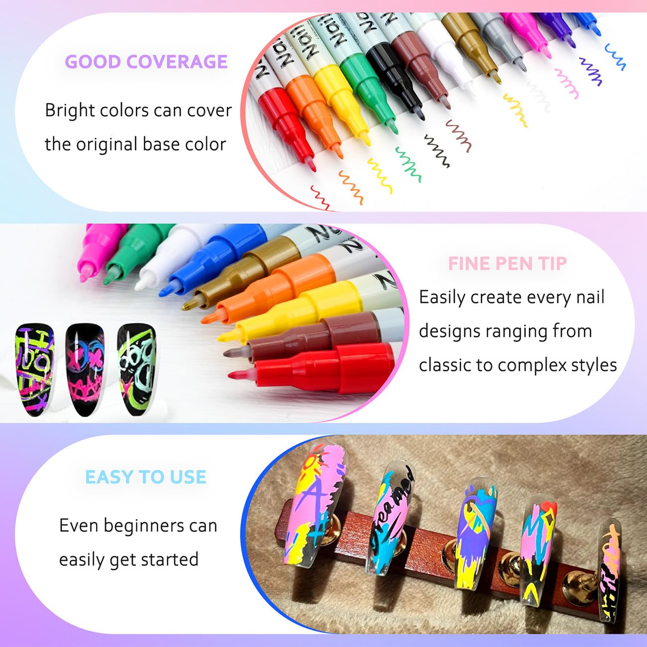 KAYLLE&KT 12-Color Nail Art Pens Set - Waterproof, Quick-Dry DIY Nail Markers