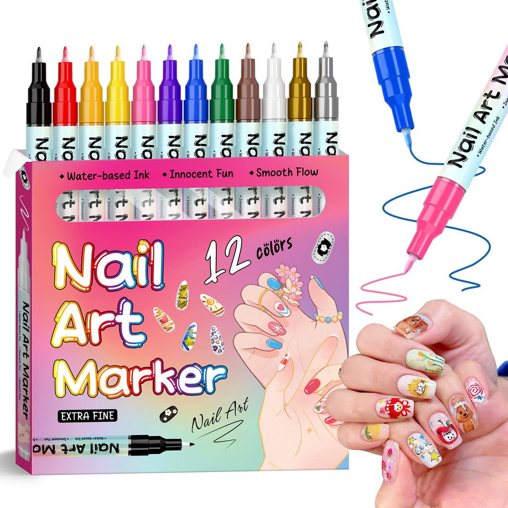 KAYLLE&KT 12-Color Nail Art Pens Set - Waterproof, Quick-Dry DIY Nail Markers