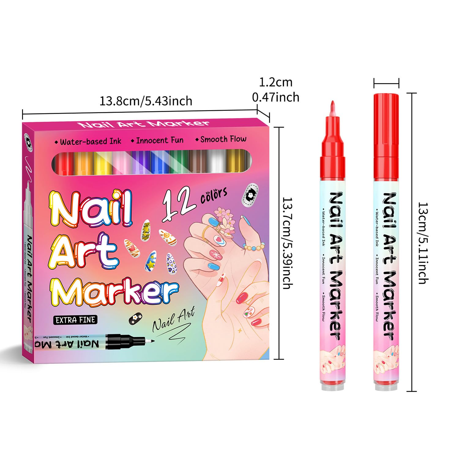 KAYLLE&KT 12-Color Nail Art Pens Set - Waterproof, Quick-Dry DIY Nail Markers